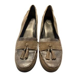 Bandolino Womens Tan Suede Metallic Snake Tassel Loafers Low Block Heel Shoes‎
